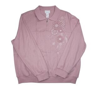 Alfred Dunner Women’s XL Rose Pink Floral Embroidered Zip Pullover Sweater
